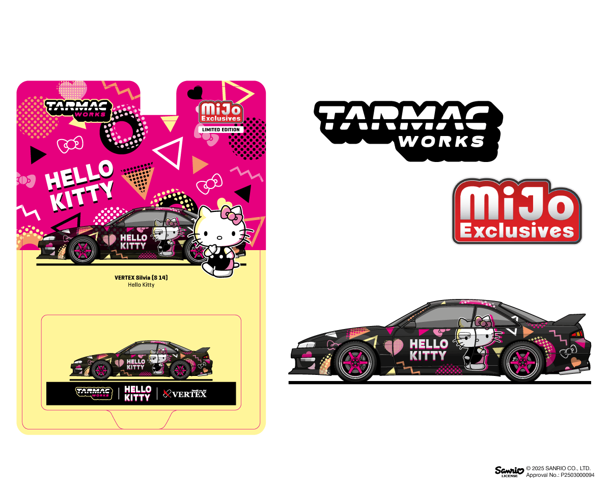 Tarmac Works 1:64 Vertex Nissan Silvia (S14) Sanrio Hello Kitty BLACK CHROME (T64G-018-HK) Diecast Car Model Available In August 2025 Pre Order Now