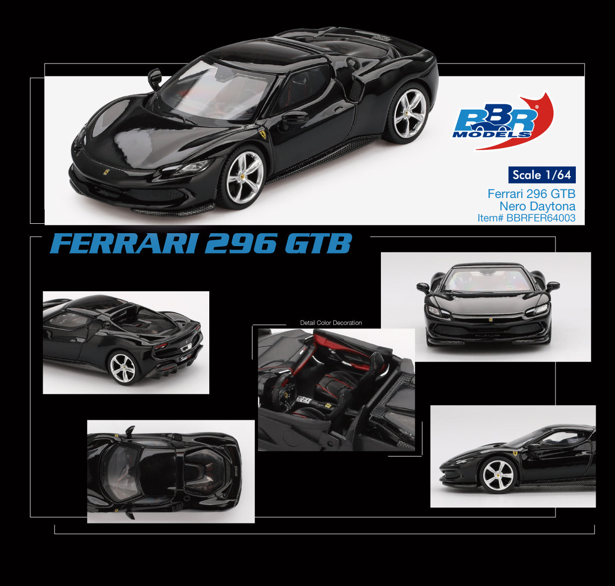 BBR Models 1:64 Ferrari 296 GTB Nero Daytona (BBRFER64003) Diecast Car Model Available In September 2025 Pre Order Now