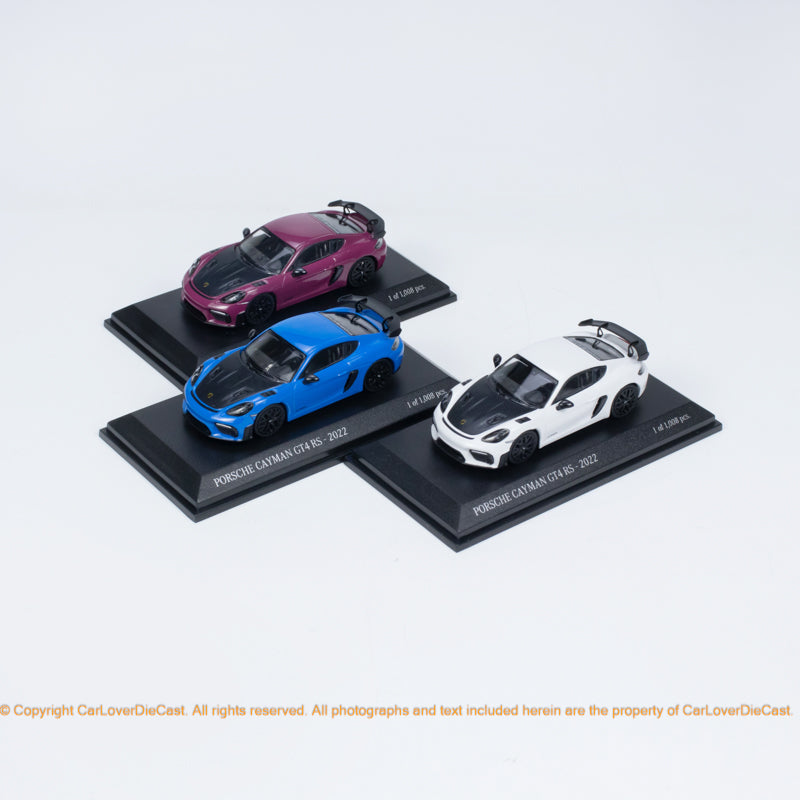 Minichamps 1:64 CLDC Exclusive Porsche Cayman GT4RS - 2022- Blue / Red / White (643062008/643062009/643062010) Diecast Car Model Available Now