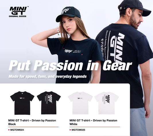 Mini GT T-shirt - Driven by Passion Black / White (MGTOM024/MGTOM025) 100% Combed Cotton T-Shirt Available Now