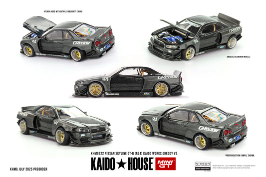 Mini GT x Kaido House 1:64 Nissan Skyline GT-R (R34) Kaido Works GReddy V2 (KHMG222-CH) Diecast Car Model Available In October 2025 Pre Order Now